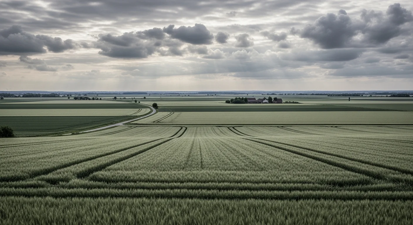 Weite, flache Ried-Agrarlandschaft mit dramatischem Wolkenhimmel