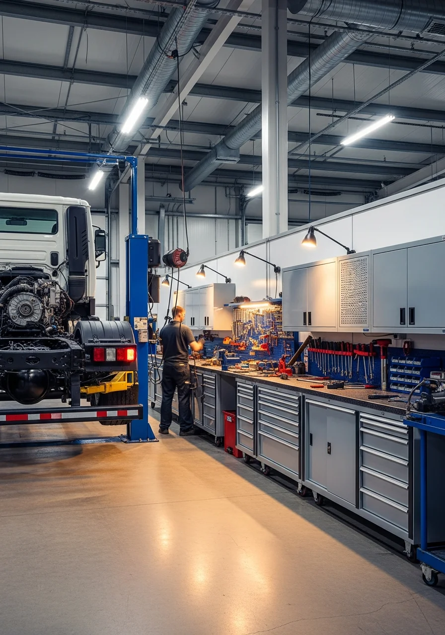 Innenansicht einer professionellen Nutzfahrzeug-Werkstatt mit Hebebühne